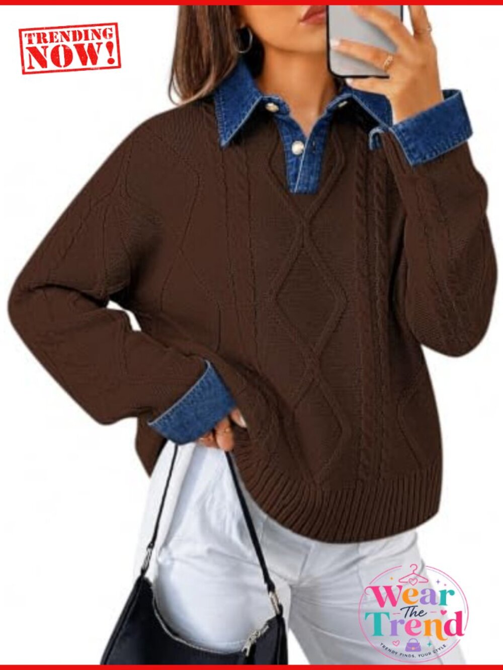 Cable Knit Denim Polo Pullover Sweater Button Down V Neck Long Sleeve Loose Fit